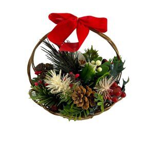Vintage Christmas Basket Centerpiece Plastic Pinecones Leaves Felt Bow Round